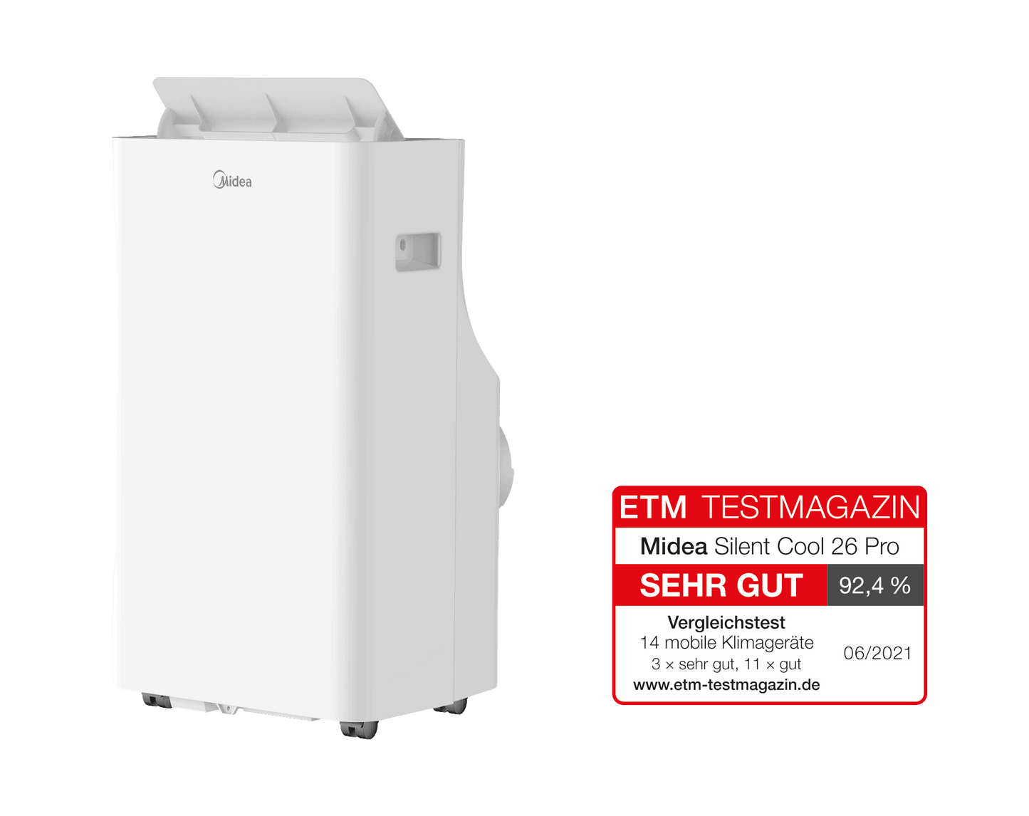 Midea Silent Cool 26 Pro mobile Klimaanlage mit ETM Testmagazin Siegel 'Sehr Gut' 92,4%